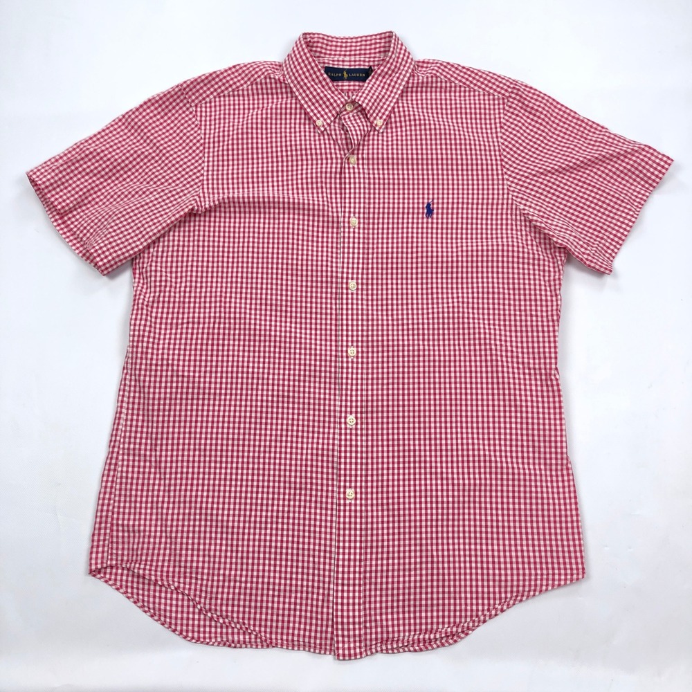 Polo Ralph Lauren Mens Pink White Gingham Short Sleeve Button Down Shirt Large